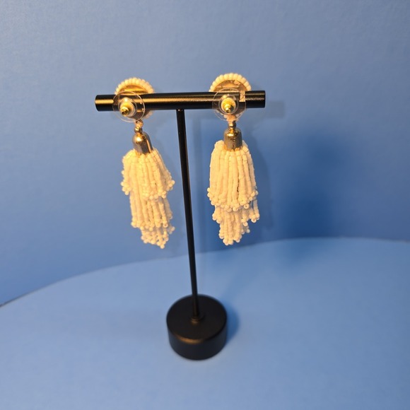 Panacea White Beaded Tassel Earrings Gold Tone Studs Boho Statement - Picture 2 of 5